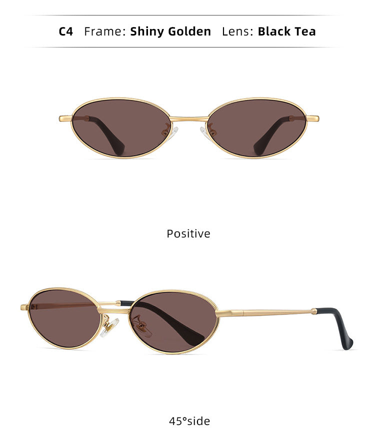 Oval Alloy Metal Frame Vintage Mini Sunglasses - Gold Brown - 2