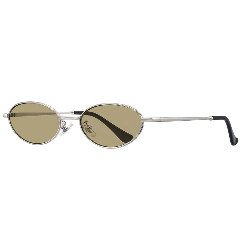 Oval Alloy Metal Frame Vintage Mini Sunglasses - Silver Champagne