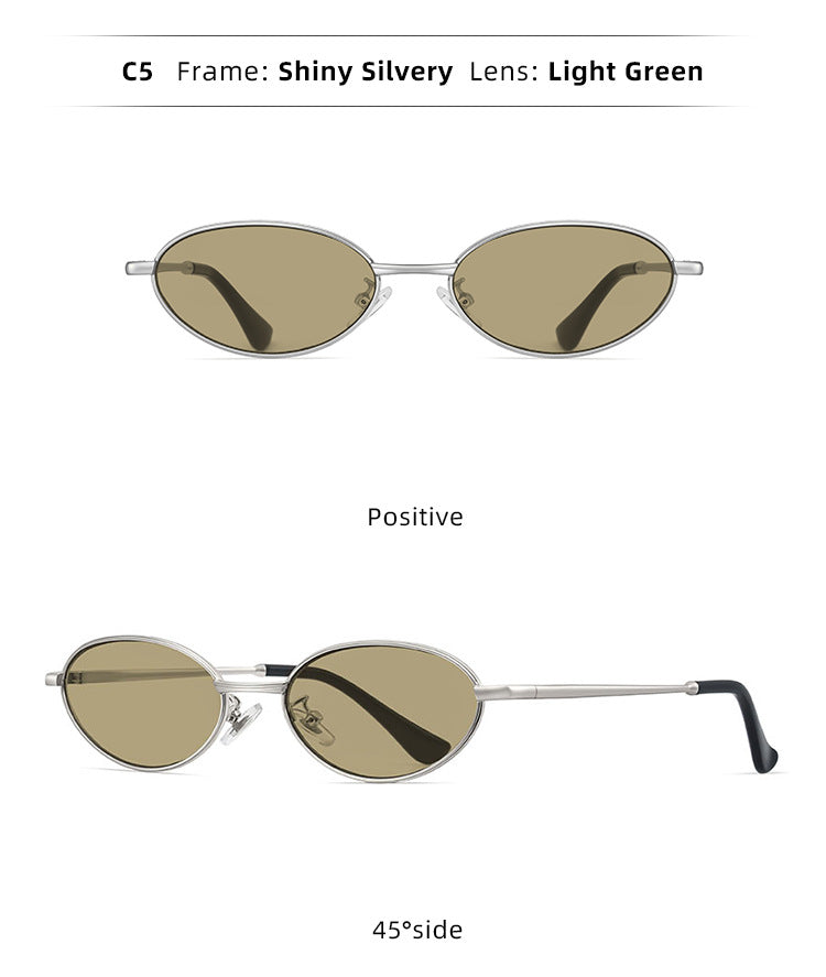 Oval Alloy Metal Frame Vintage Mini Sunglasses - Silver Champagne - 2
