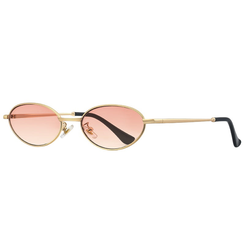 Oval Alloy Metal Frame Vintage Mini Sunglasses - Gold Peach
