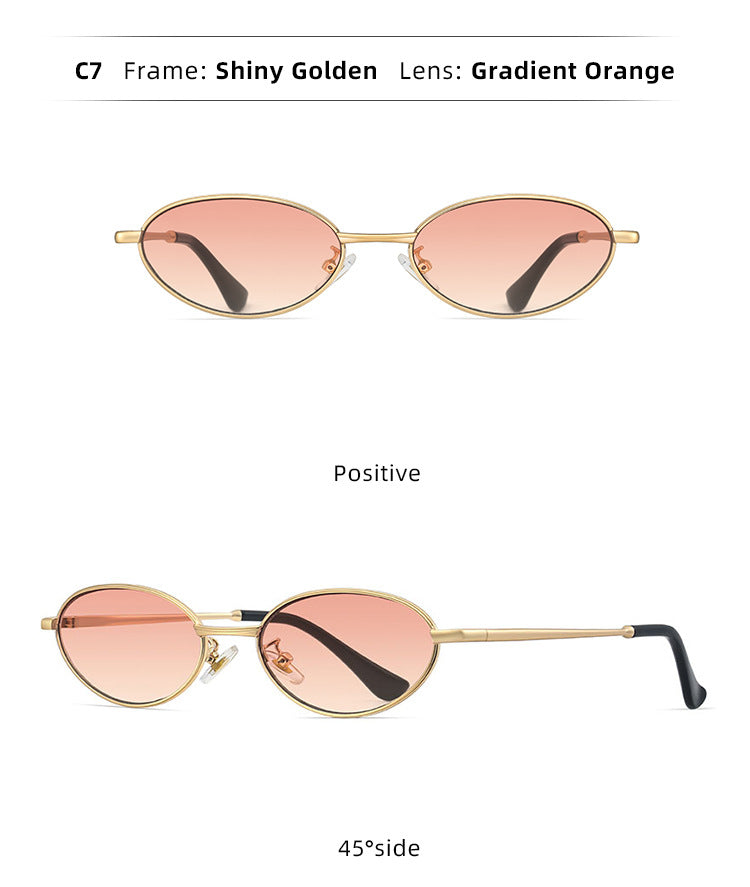 Oval Alloy Metal Frame Vintage Mini Sunglasses - Gold Peach - 2