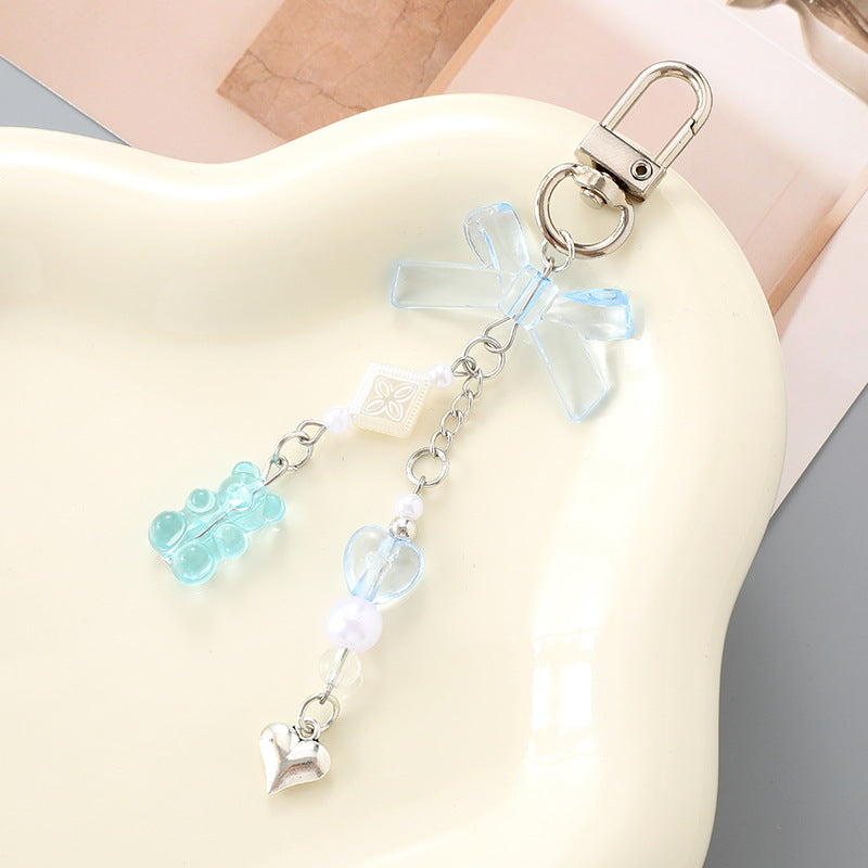 Sheer Bow Beaded Drop Keychain - Blue