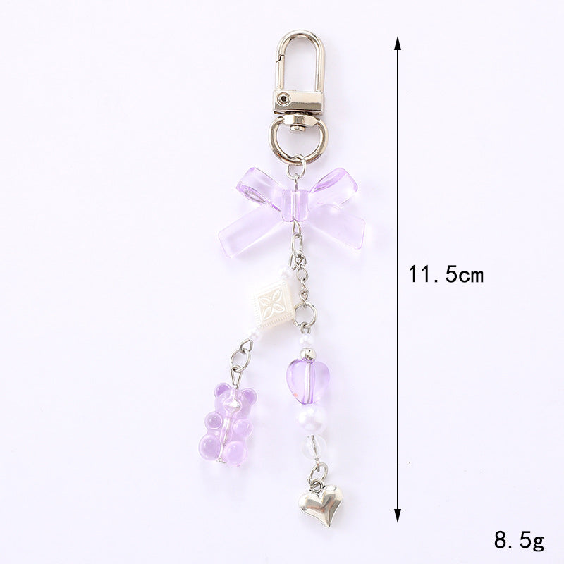 Sheer Bow Beaded Drop Keychain - Purple