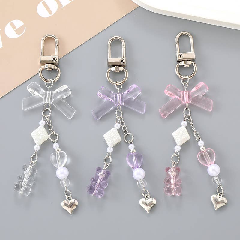 Sheer Bow Beaded Drop Keychain