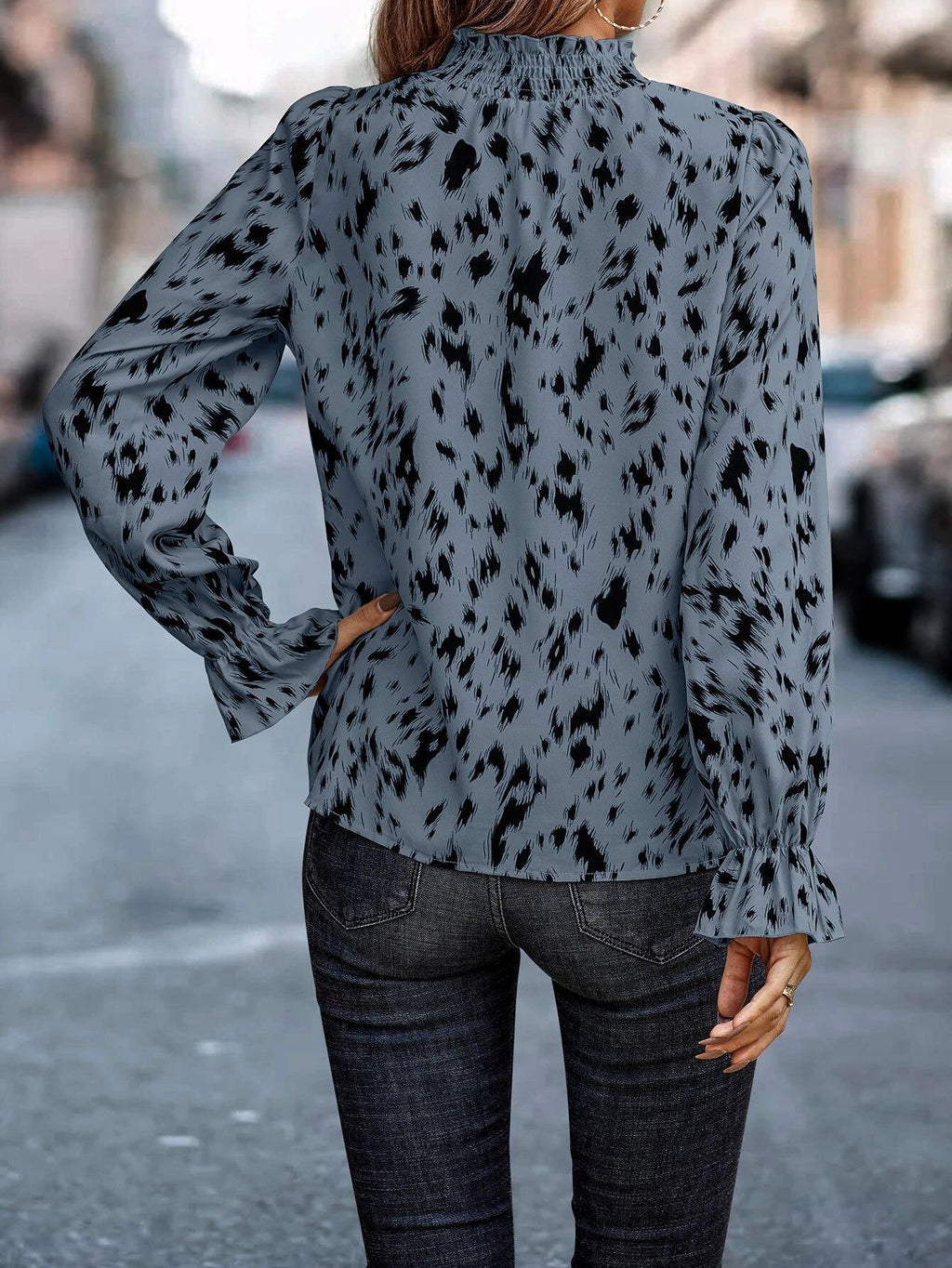 Spotted Print Mock Neck Ruffle Cuff Blouse - Blue - 2