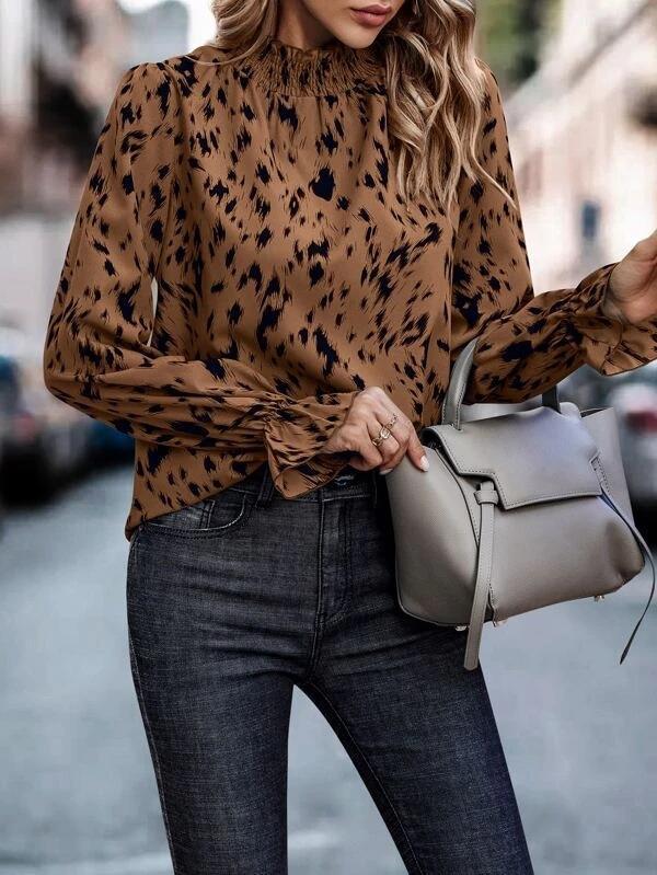Spotted Print Mock Neck Ruffle Cuff Blouse - Brown