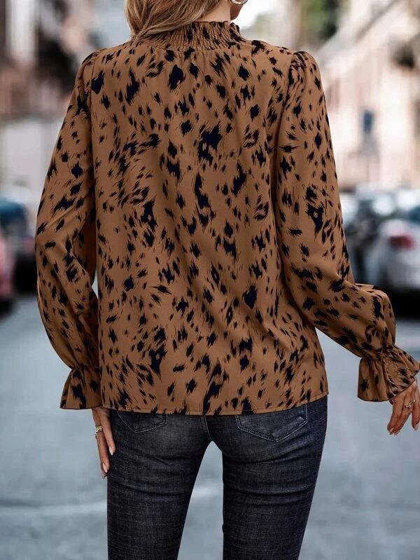 Spotted Print Mock Neck Ruffle Cuff Blouse - Brown - 1