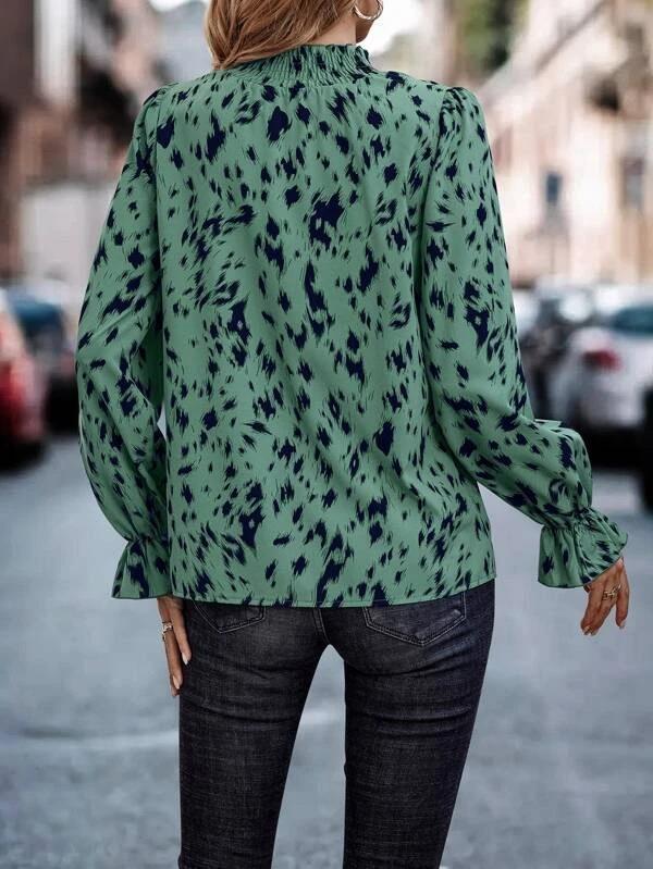 Spotted Print Mock Neck Ruffle Cuff Blouse - Green - 2