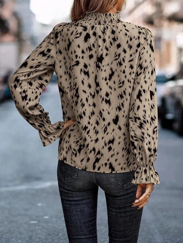 Spotted Print Mock Neck Ruffle Cuff Blouse - Khaki - 1
