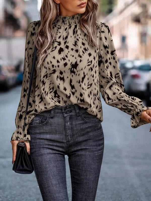 Spotted Print Mock Neck Ruffle Cuff Blouse - Khaki - 2