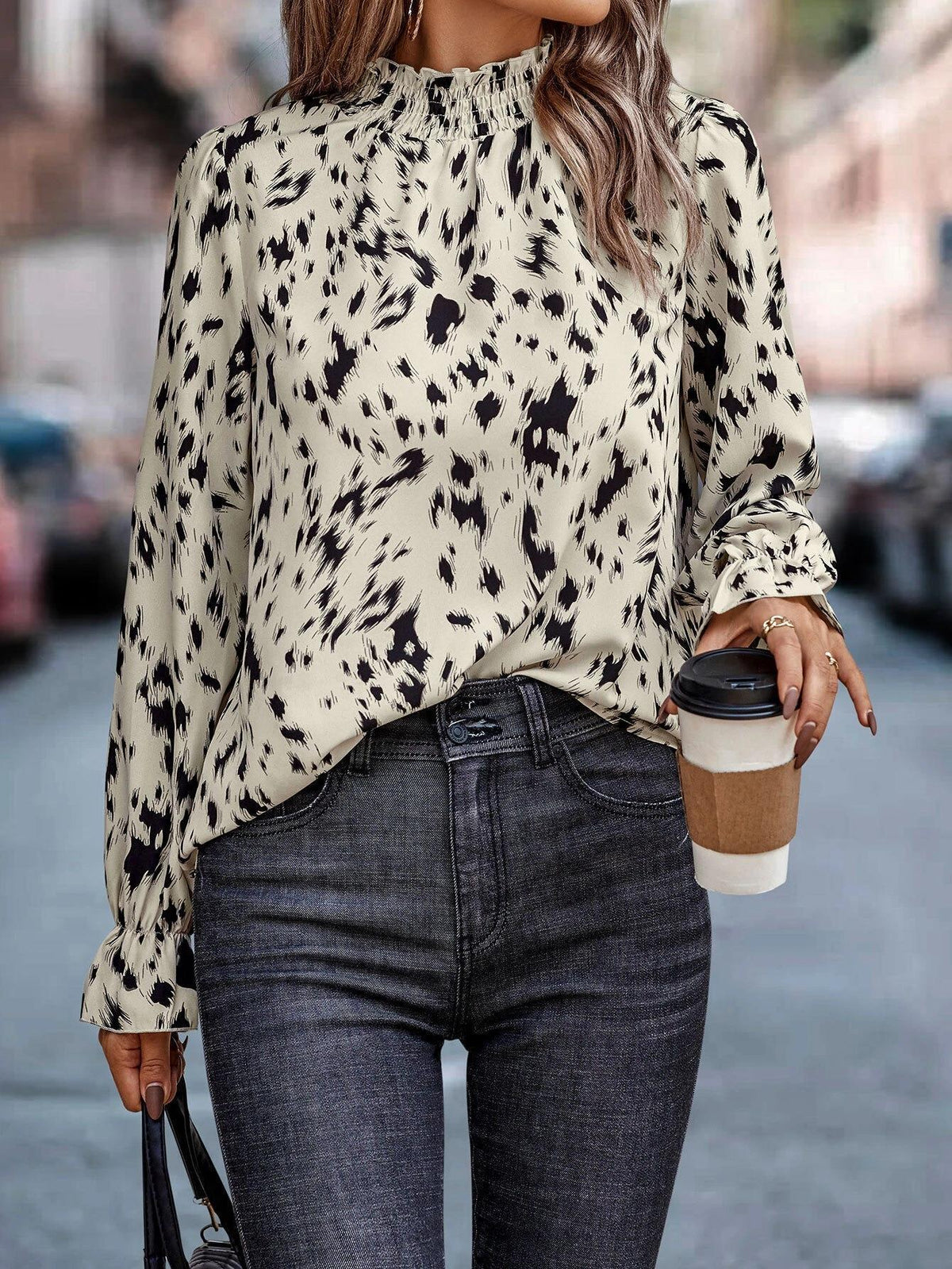 Spotted Print Mock Neck Ruffle Cuff Blouse - Off white