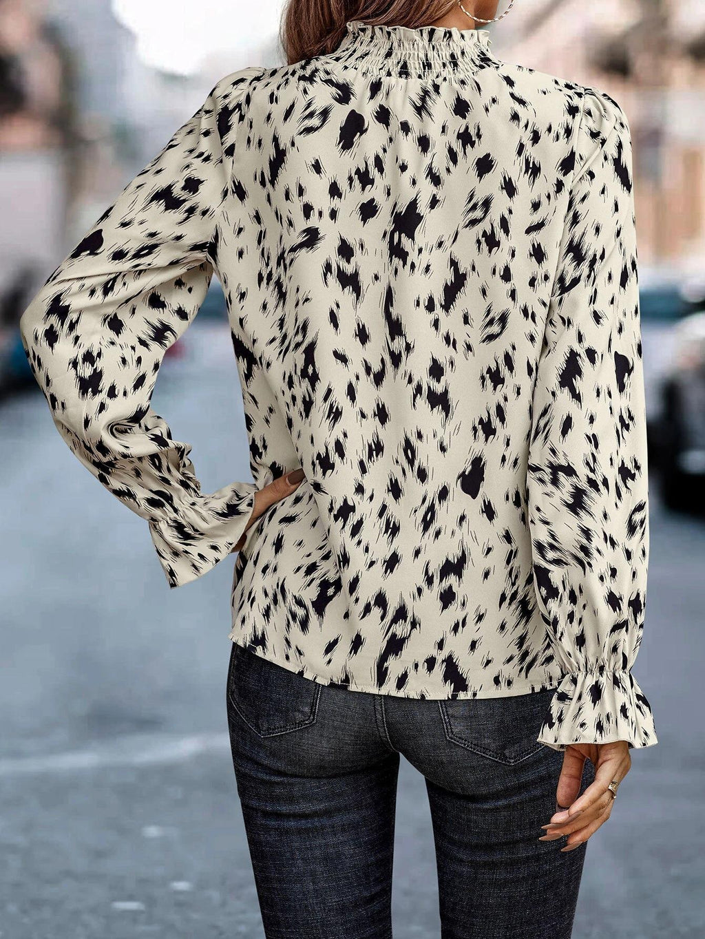 Spotted Print Mock Neck Ruffle Cuff Blouse - Off white - 2