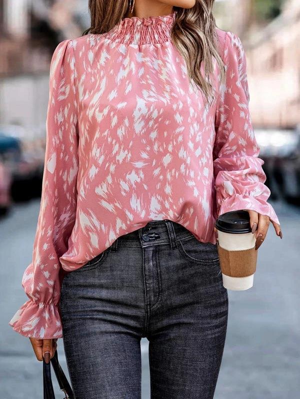 Spotted Print Mock Neck Ruffle Cuff Blouse - Pink - 1