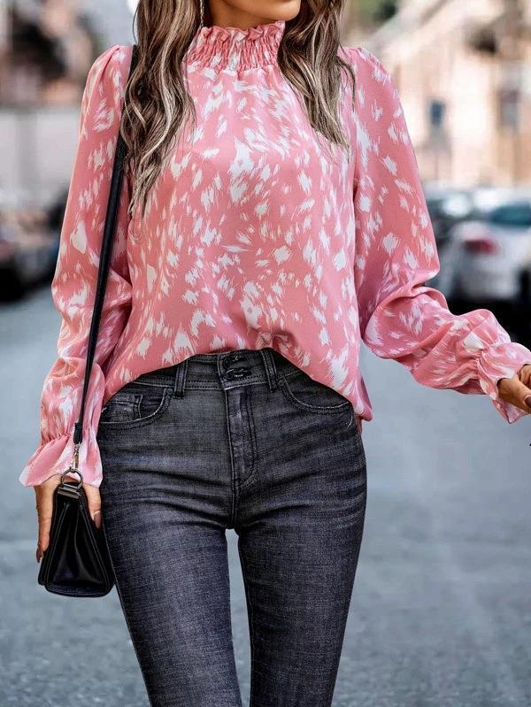 Spotted Print Mock Neck Ruffle Cuff Blouse - Pink - 2
