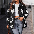 Cozy Star Print Fleece Button-Up Jacket - Black