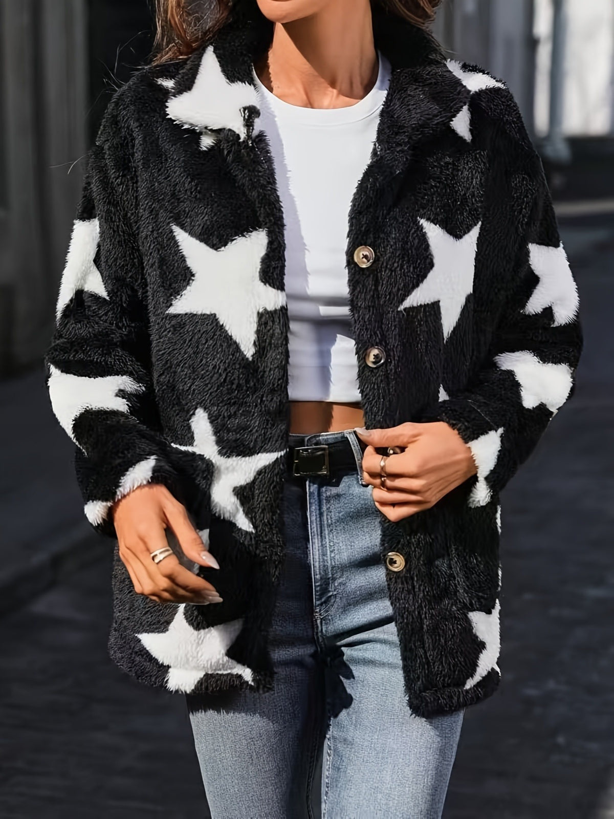 Cozy Star Print Fleece Button-Up Jacket - Black - 1