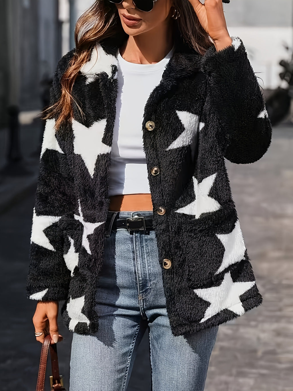 Cozy Star Print Fleece Button-Up Jacket - Black - 2