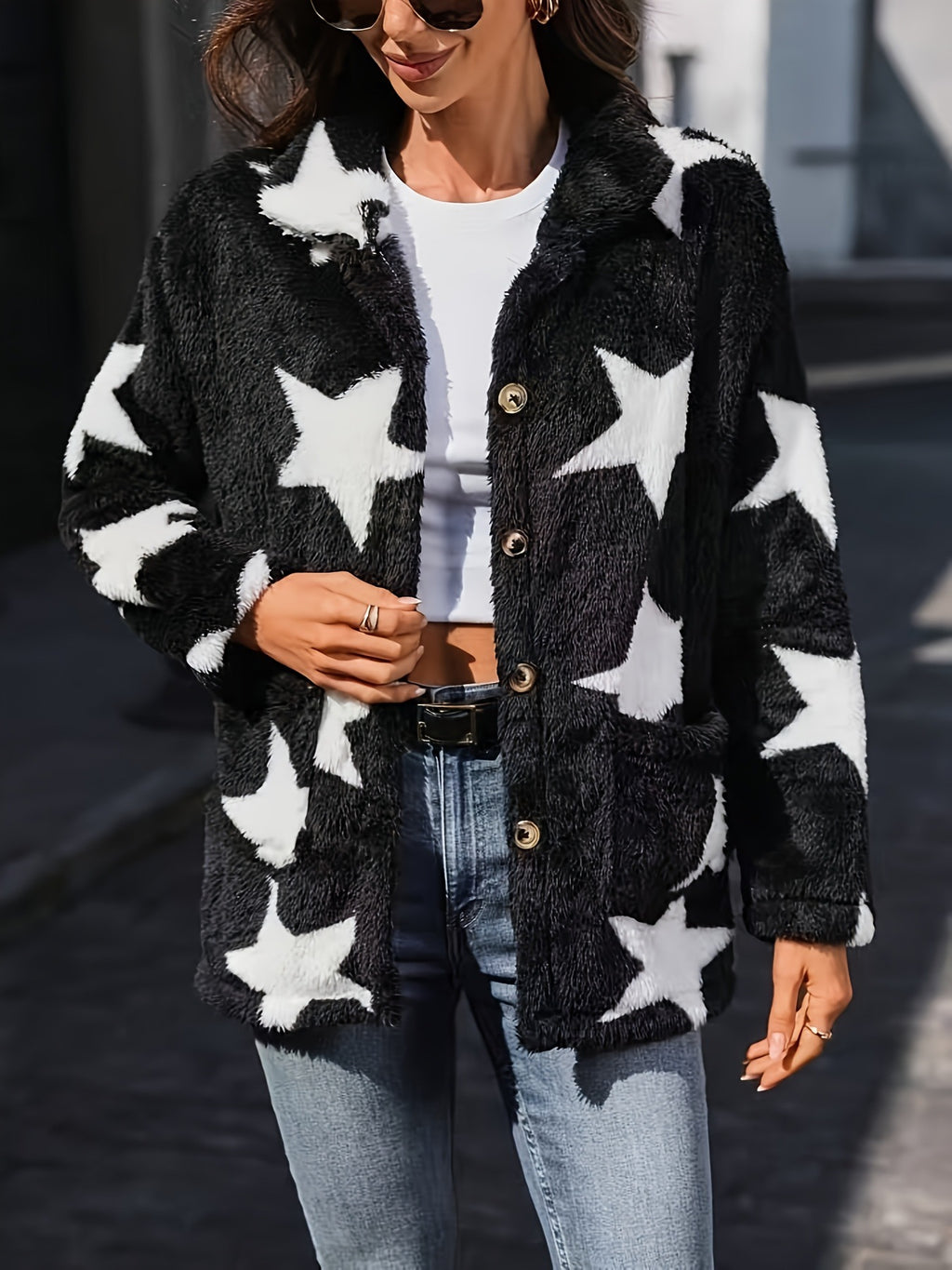 Cozy Star Print Fleece Button-Up Jacket - Black - 3