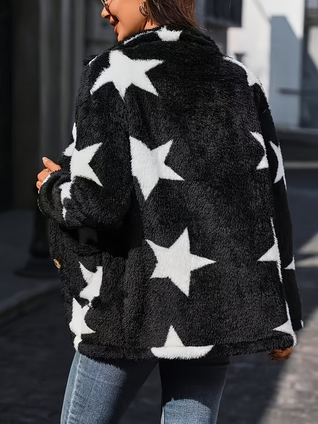 Cozy Star Print Fleece Button-Up Jacket - Black - 4