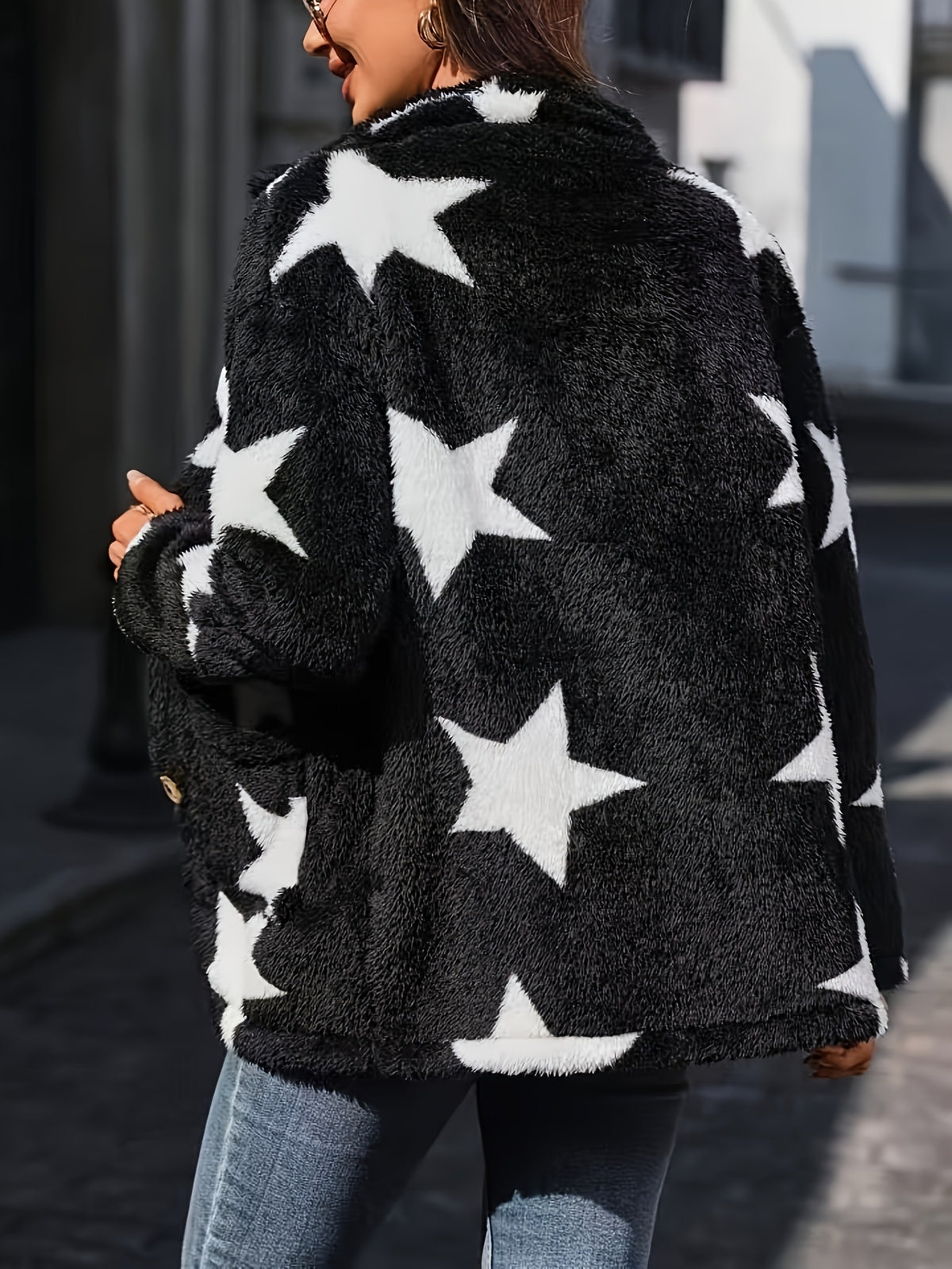 Cozy Star Print Fleece Button-Up Jacket - Black - 4