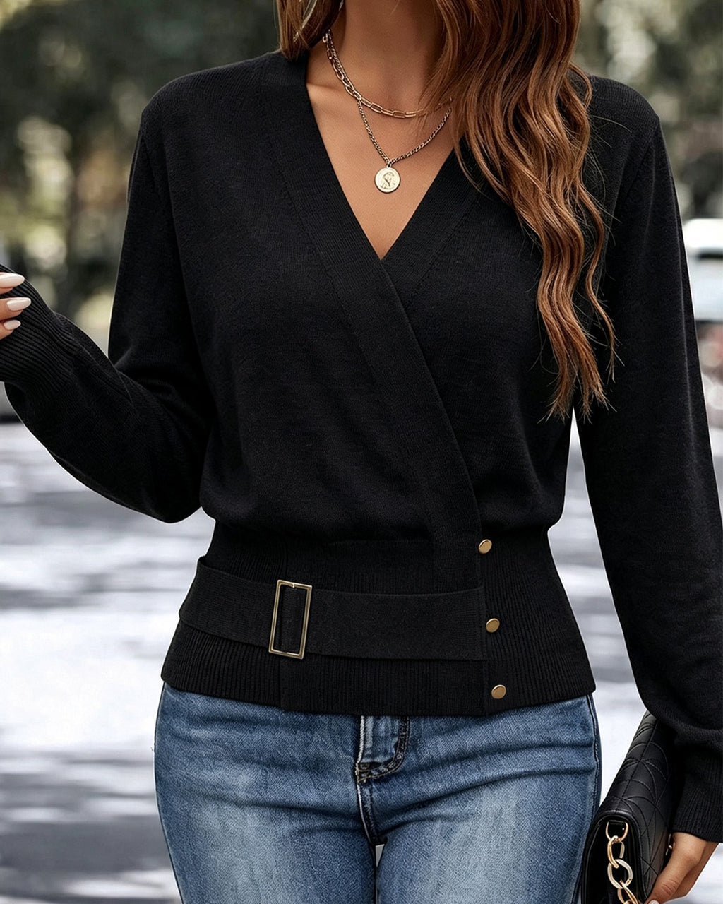 Surplice Wrap Neck Banded Waist Sweater - Black