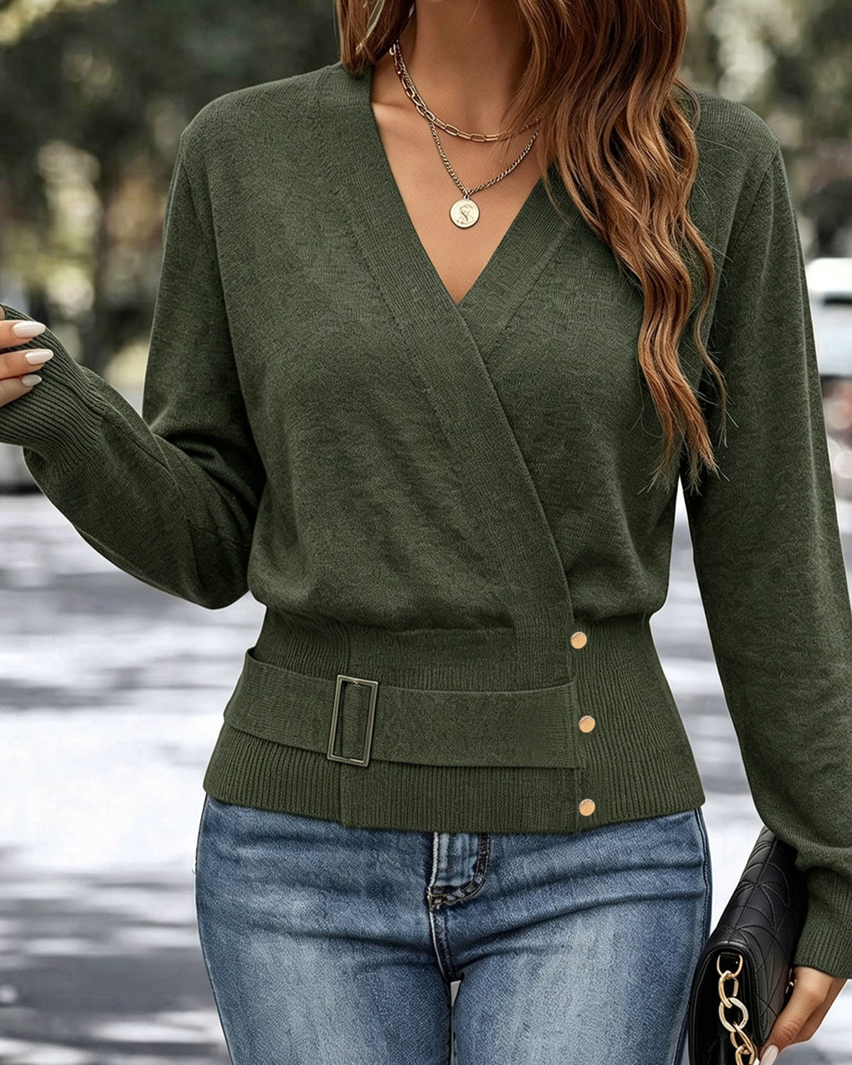 Surplice Wrap Neck Banded Waist Sweater - MGreen