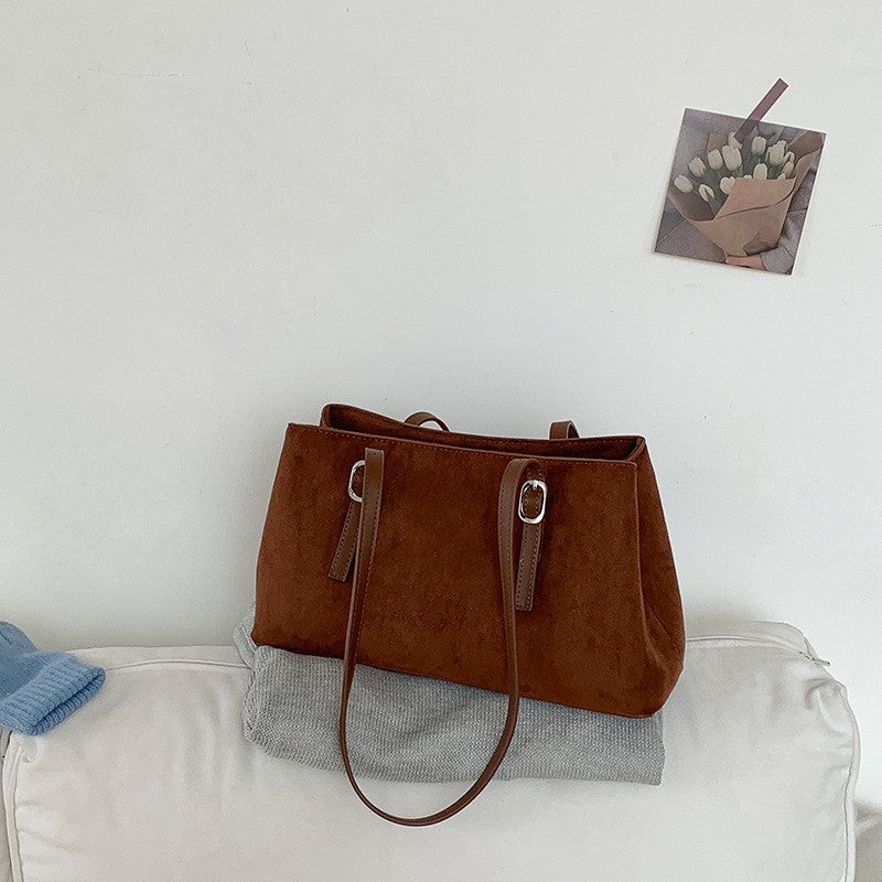 Faux Suede Buckle Strap Shoulder Tote - Cognac