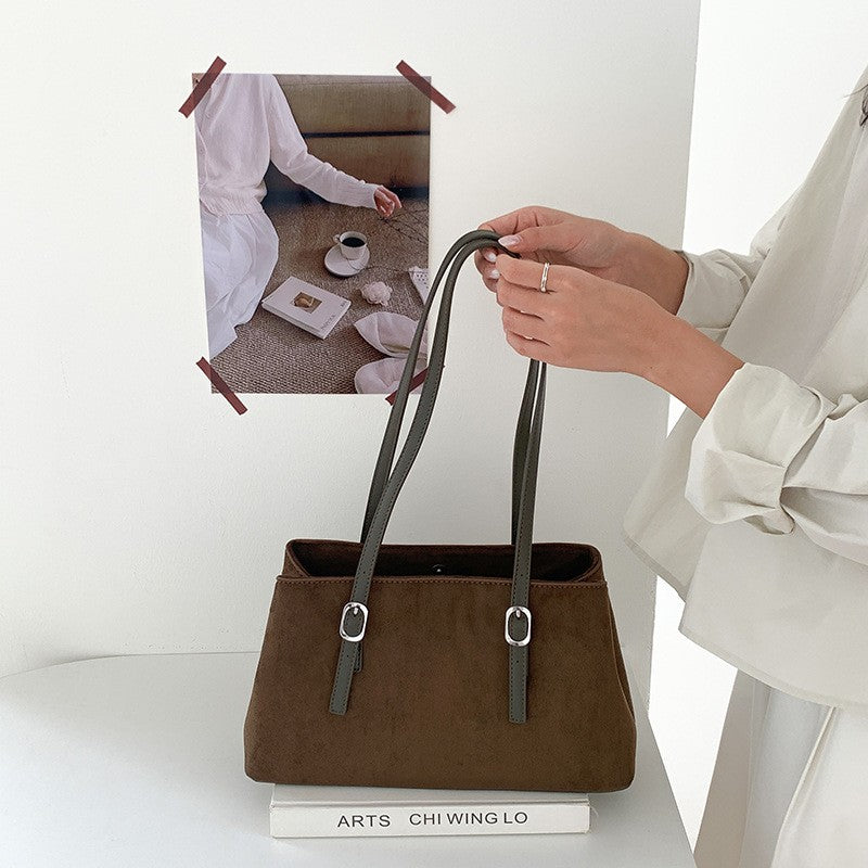 Faux Suede Buckle Strap Shoulder Tote