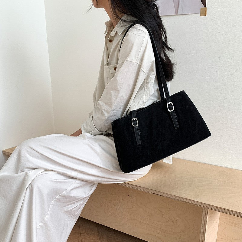 Faux Suede Buckle Strap Shoulder Tote