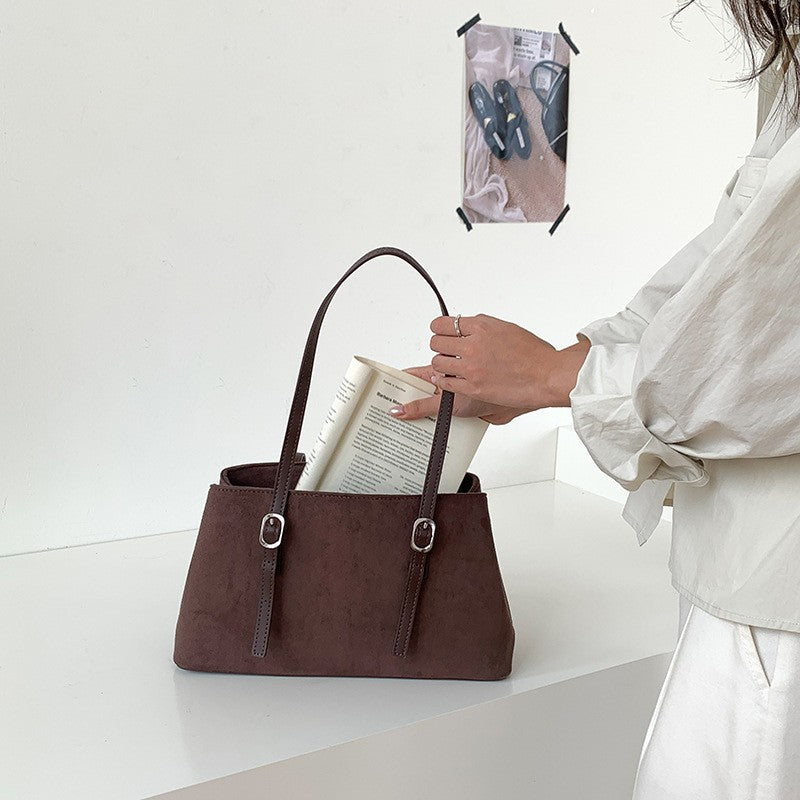 Faux Suede Buckle Strap Shoulder Tote