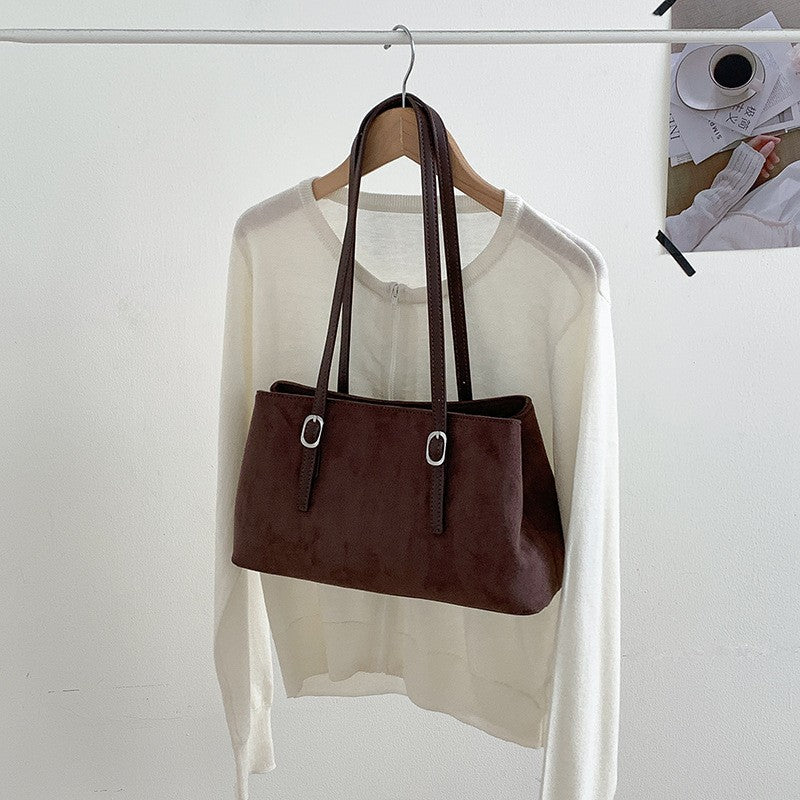 Faux Suede Buckle Strap Shoulder Tote