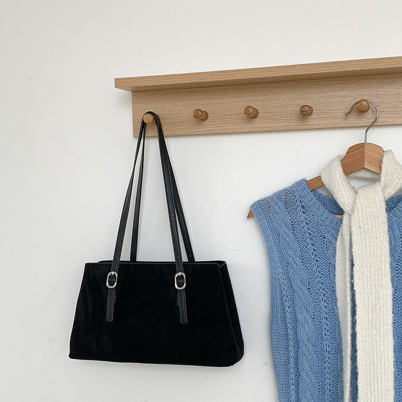 Faux Suede Buckle Strap Shoulder Tote