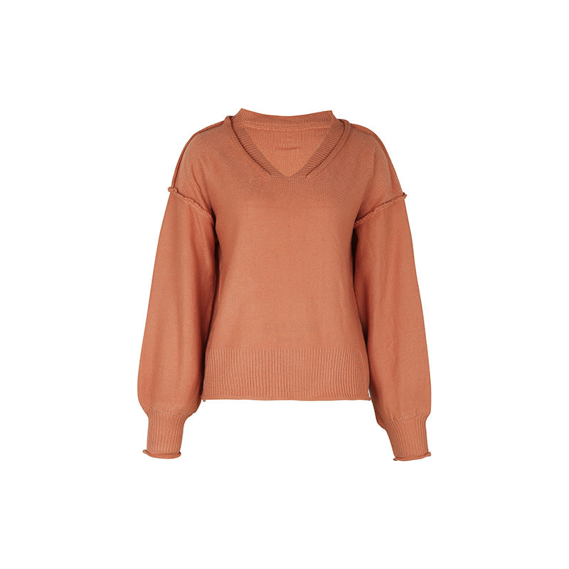 Exposed Seam V Neck Balloon Sleeve Sweater - Orange