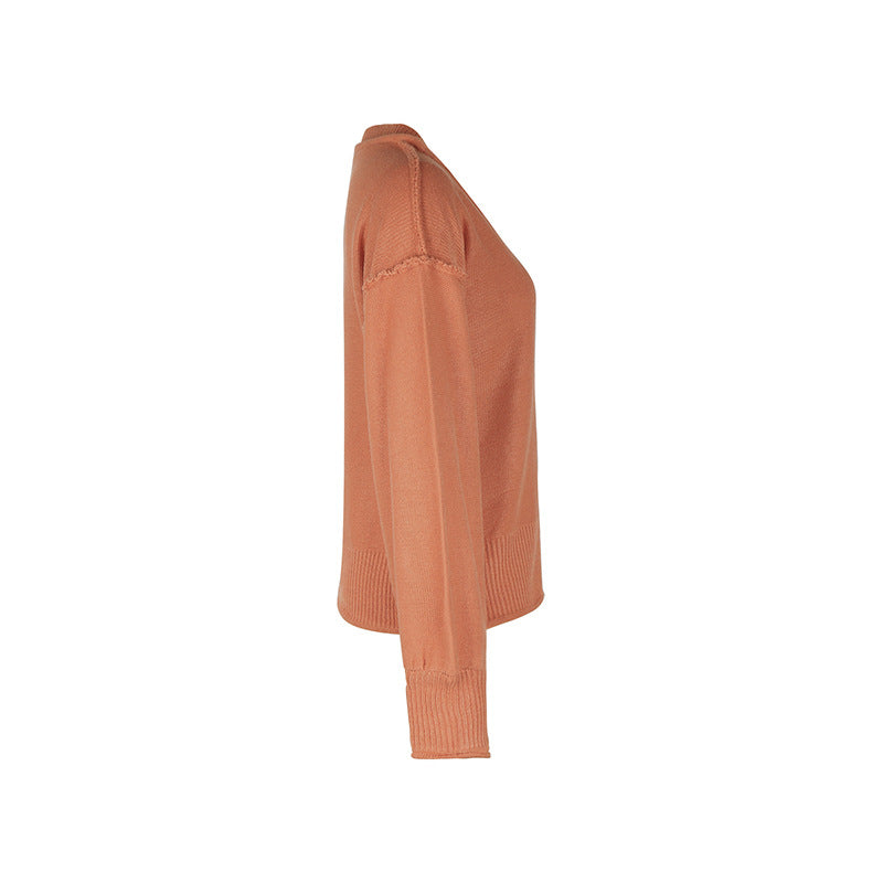 Exposed Seam V Neck Balloon Sleeve Sweater - Orange - 1