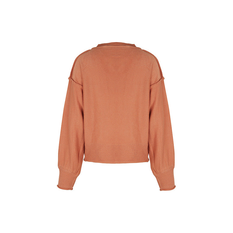 Exposed Seam V Neck Balloon Sleeve Sweater - Orange - 2
