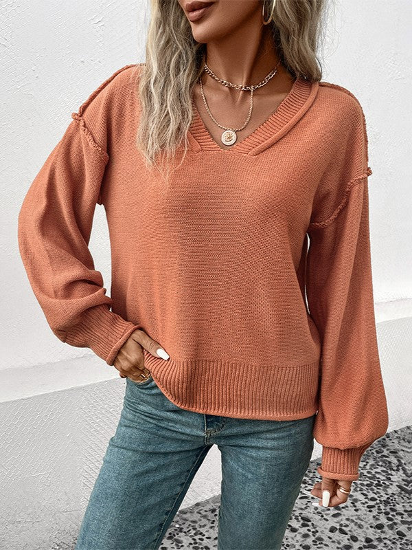 Exposed Seam V Neck Balloon Sleeve Sweater - Orange - 3
