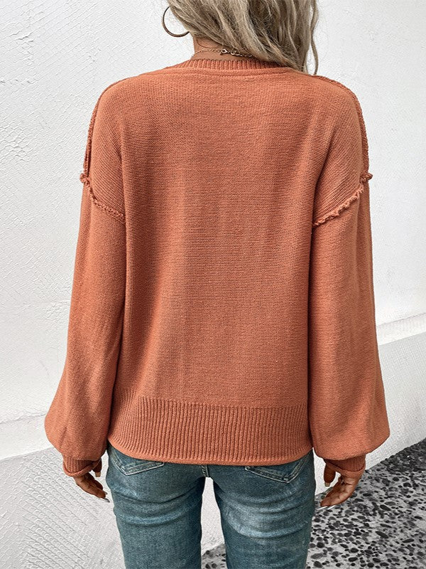 Exposed Seam V Neck Balloon Sleeve Sweater - Orange - 5