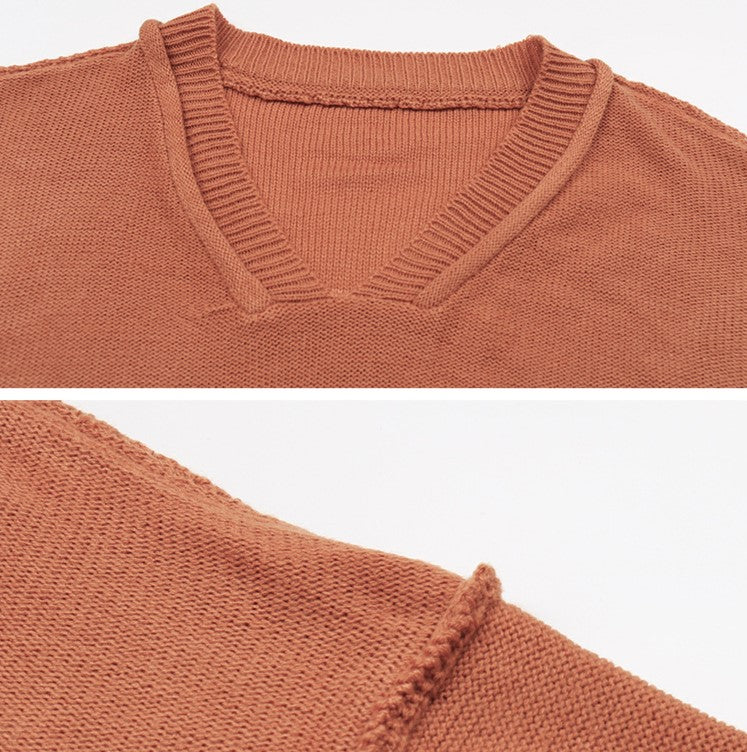 Exposed Seam V Neck Balloon Sleeve Sweater - Orange - 6