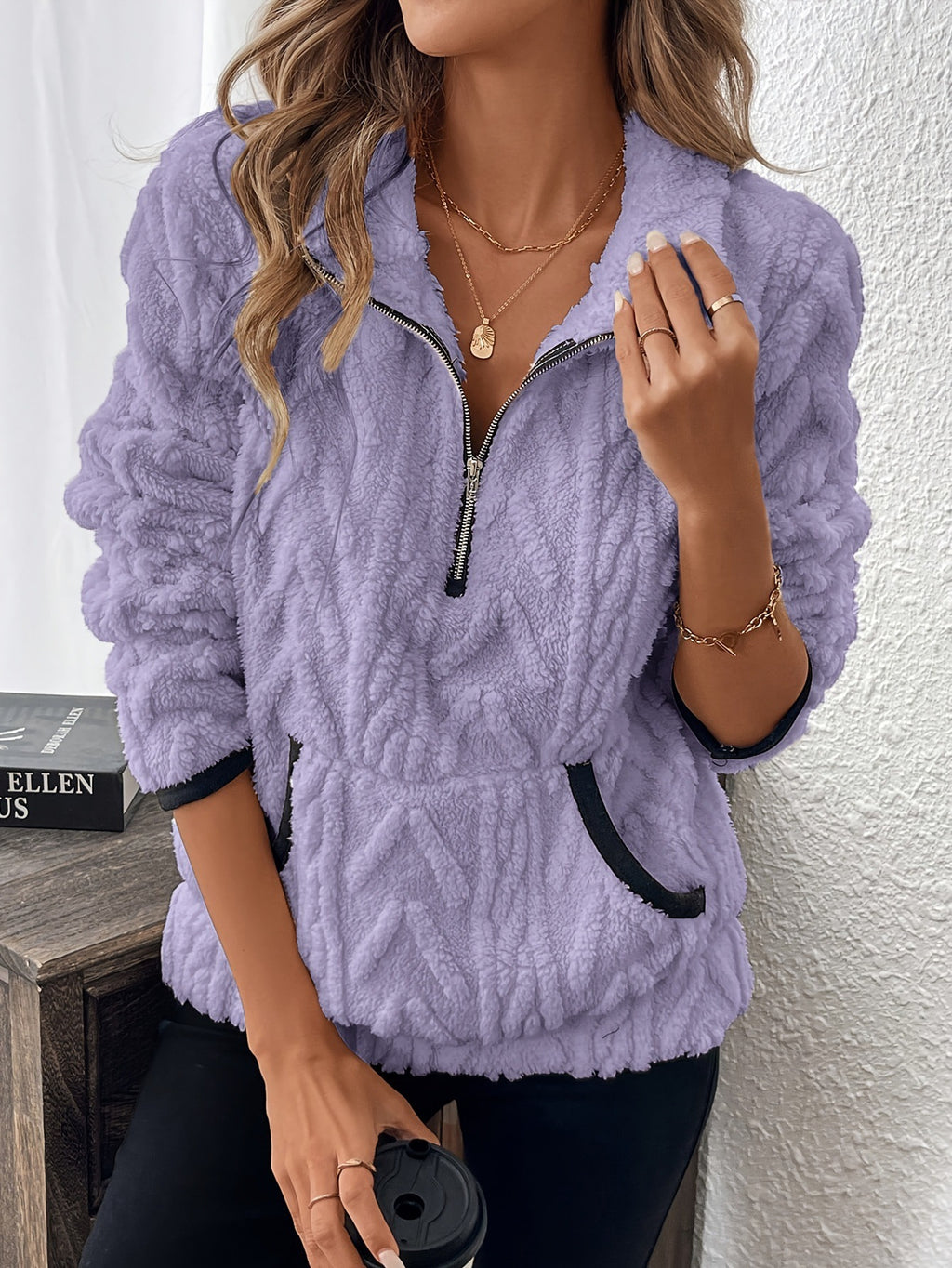 Textured Fleece Half Zip Pullover - Purple