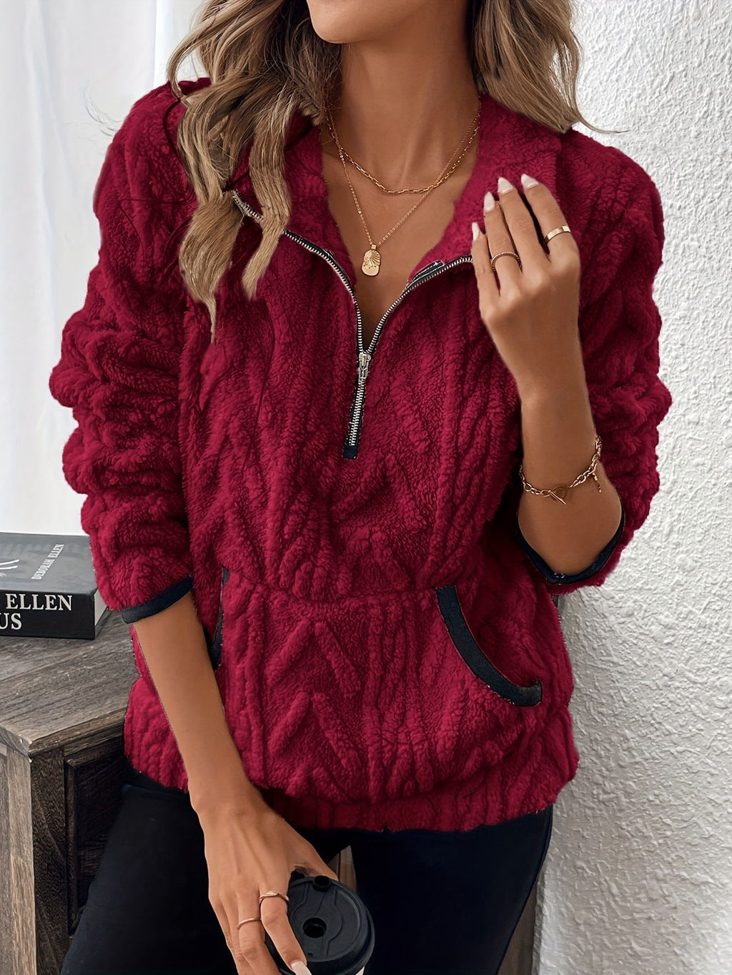 Textured Fleece Half Zip Pullover - Red