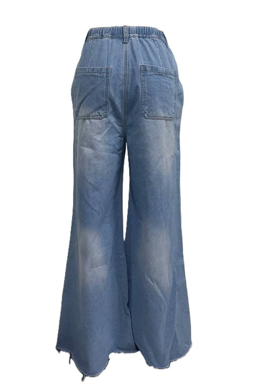 Slouchy Wide Leg Jeans With Tie Waist - Blue - 1