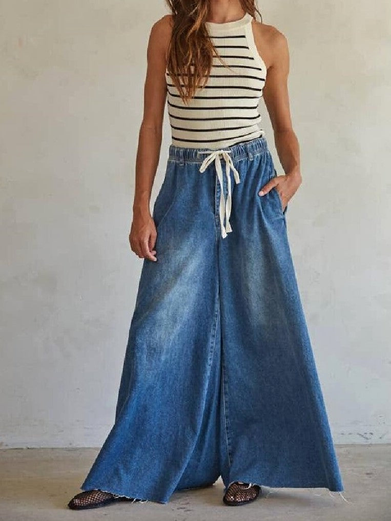 Slouchy Wide Leg Jeans With Tie Waist - DarkBlue
