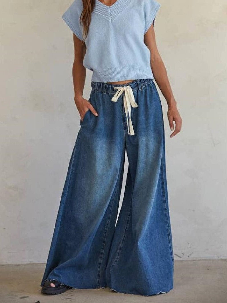 Slouchy Wide Leg Jeans With Tie Waist - DarkBlue - 1