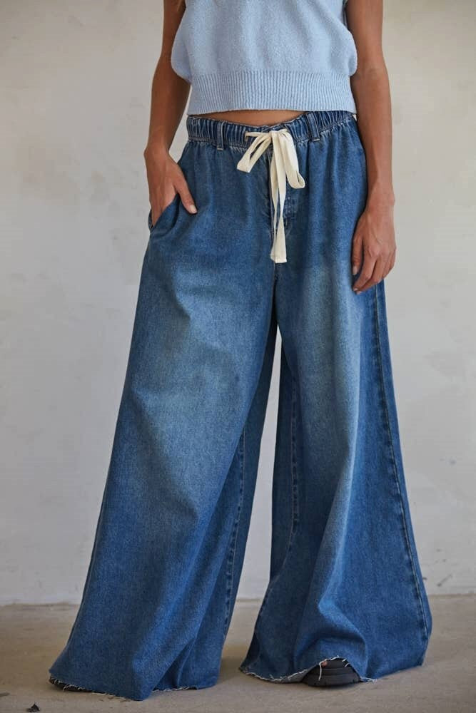 Slouchy Wide Leg Jeans With Tie Waist - DarkBlue - 4