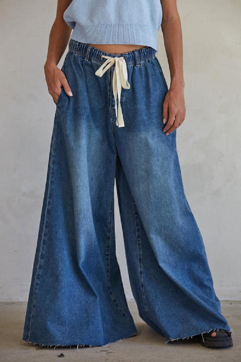 Slouchy Wide Leg Jeans With Tie Waist - DarkBlue - 5