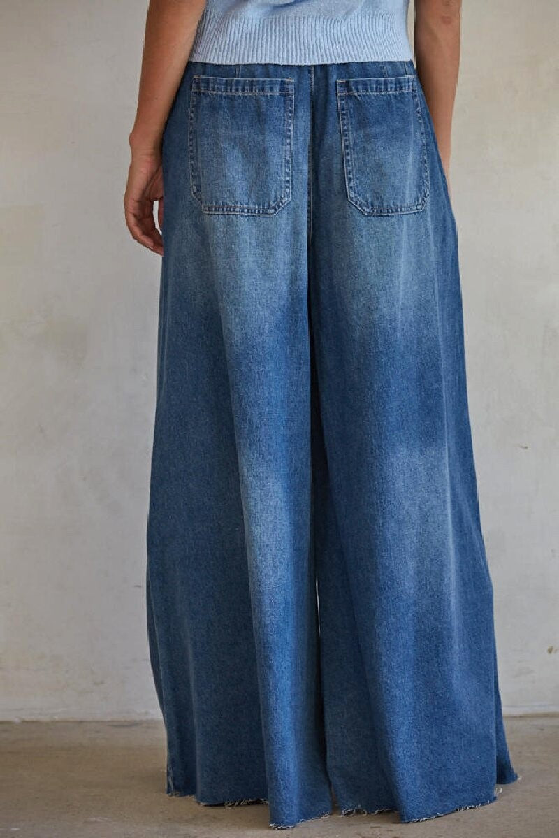 Slouchy Wide Leg Jeans With Tie Waist - DarkBlue - 6
