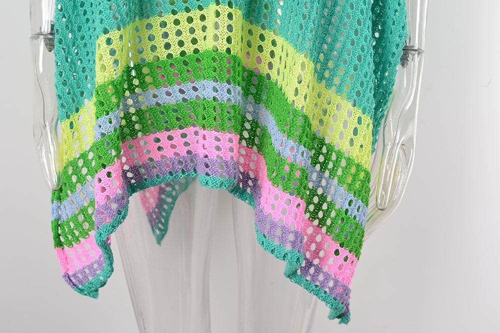 Rainbow Stripe Crochet Kaftan Cover Up - Green - 1