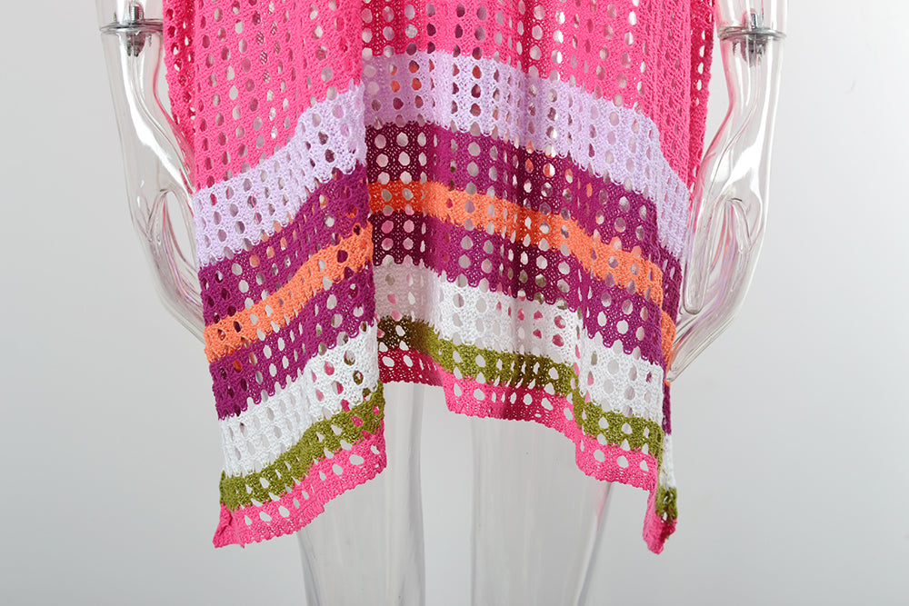 Rainbow Stripe Crochet Kaftan Cover Up - Red - 2