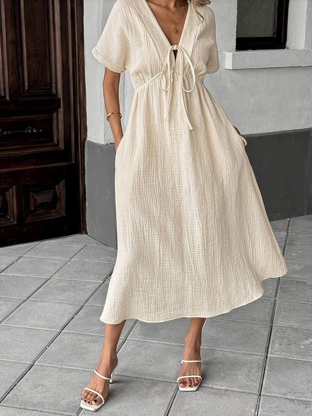 Crinkle Texture Tie Front Maxi Dress - Begie - 2