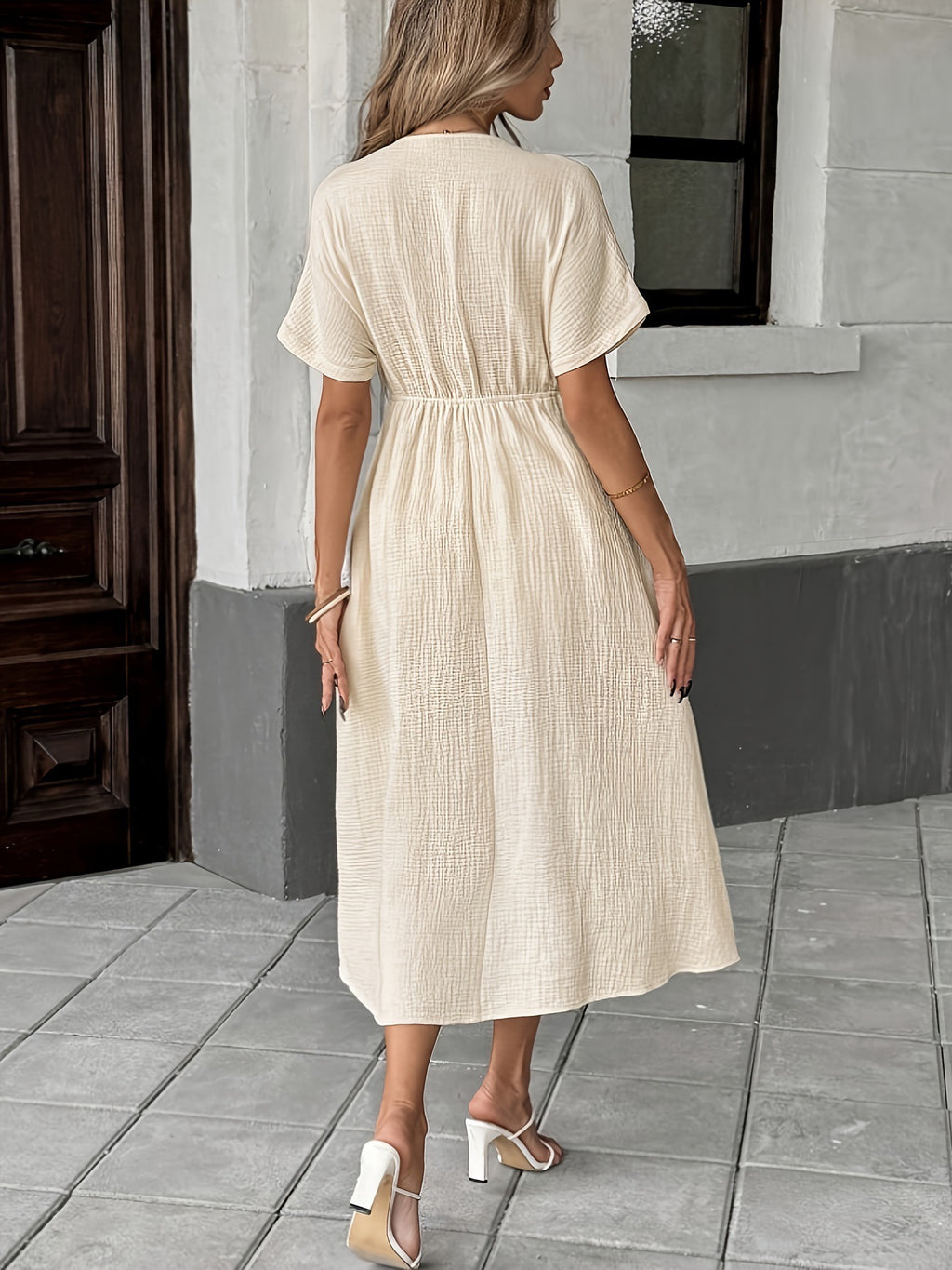 Crinkle Texture Tie Front Maxi Dress - Begie - 3